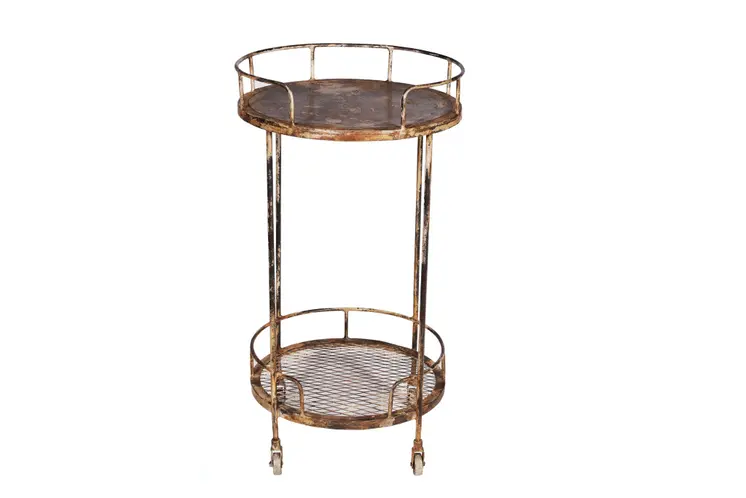 18" Brown Iron Distressed Round Rolling Bar Cart