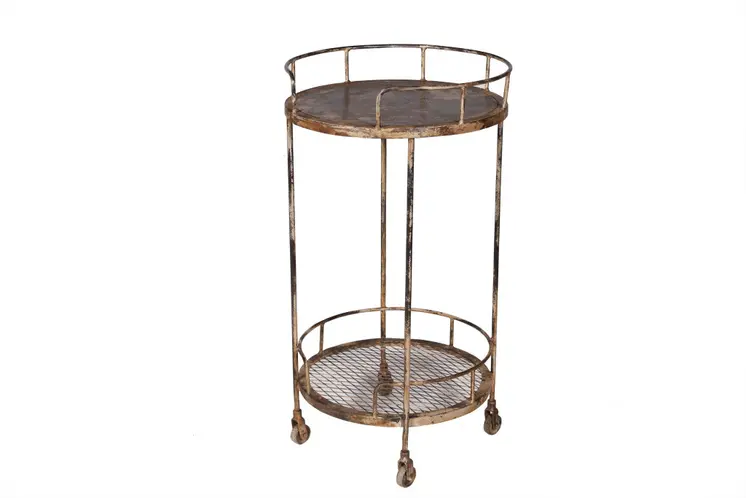 18" Brown Iron Distressed Round Rolling Bar Cart