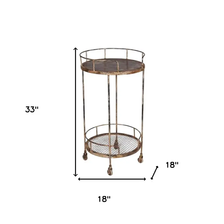 18" Brown Iron Distressed Round Rolling Bar Cart