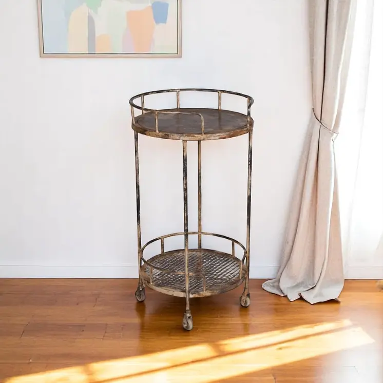 18" Brown Iron Distressed Round Rolling Bar Cart