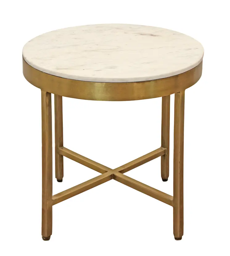 20" Ivory and Brass Marble and Iron Round Cross Legs End Table