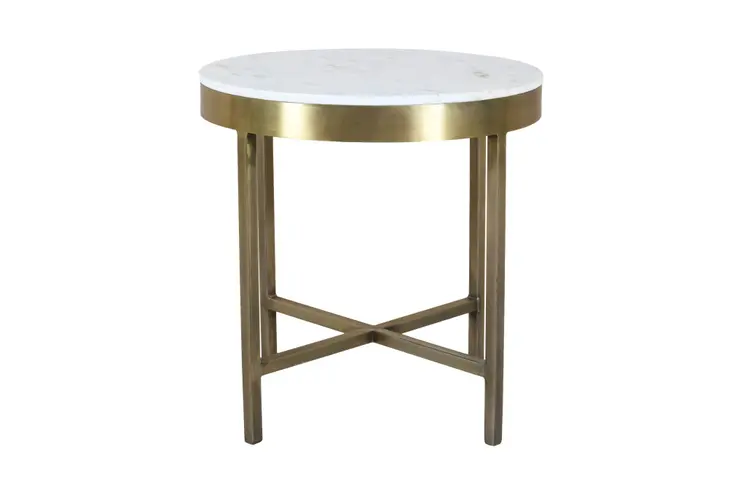 20" Ivory and Brass Marble and Iron Round Cross Legs End Table