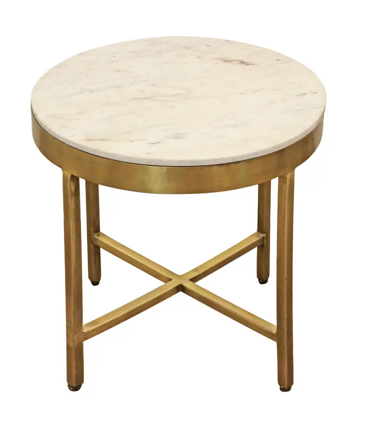 20" Ivory and Brass Marble and Iron Round Cross Legs End Table