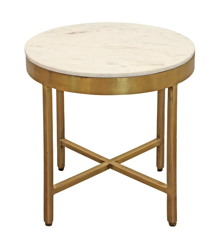 20" Ivory and Brass Marble and Iron Round Cross Legs End Table