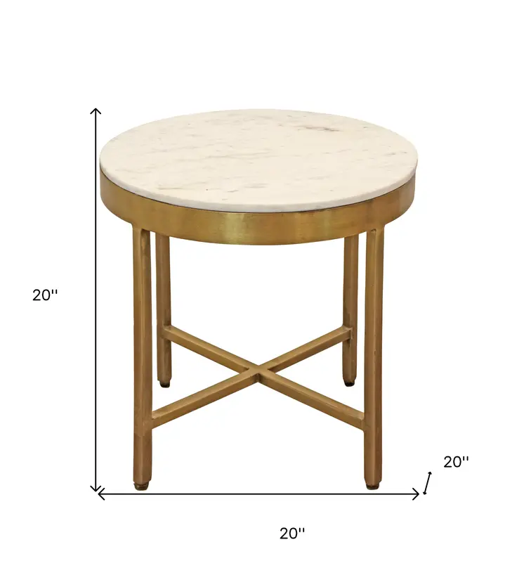 20" Ivory and Brass Marble and Iron Round Cross Legs End Table