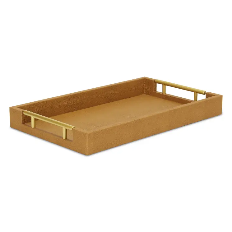 16" Camel Brown Wood Faux Shagreen Serving Tray With Handles