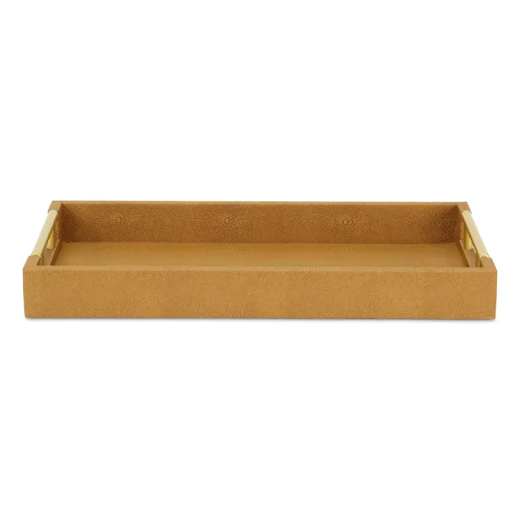 16" Camel Brown Wood Faux Shagreen Serving Tray With Handles