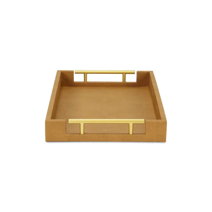 16" Camel Brown Wood Faux Shagreen Serving Tray With Handles