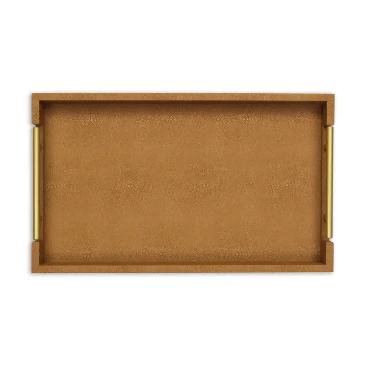16" Camel Brown Wood Faux Shagreen Serving Tray With Handles