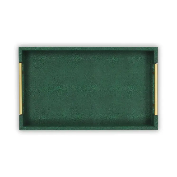 16" Green Wood Wood Faux Shagreen Serving Tray With Handles