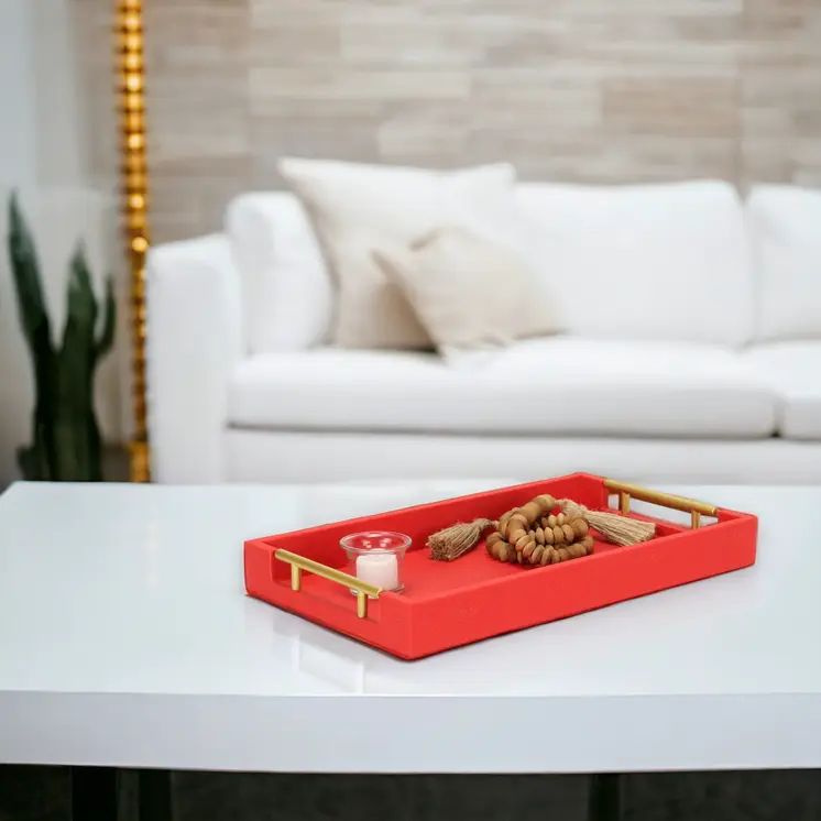 16" Red Wood and Vinyl Faux Shagreen Handmade Serving Tray With Handles