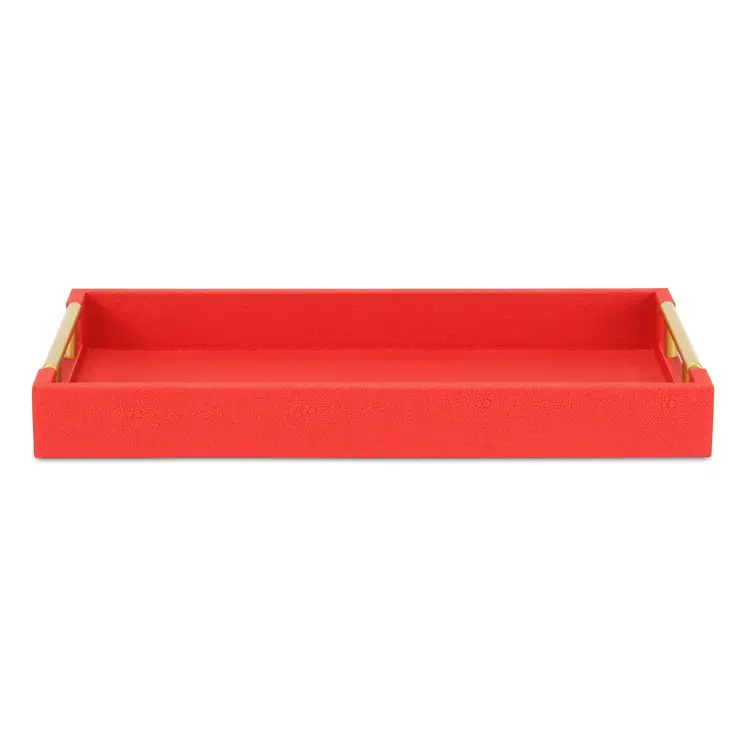 16" Red Wood and Vinyl Faux Shagreen Handmade Serving Tray With Handles