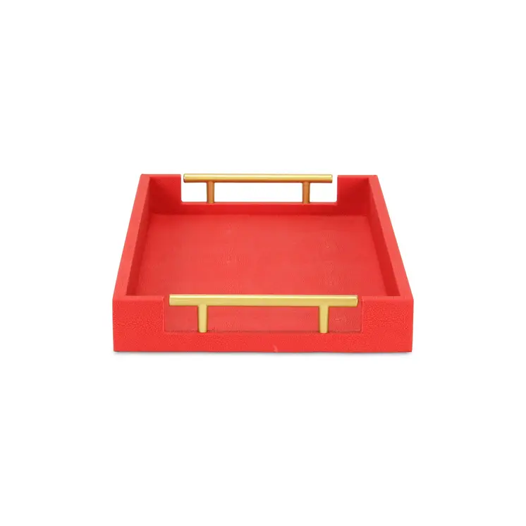 16" Red Wood and Vinyl Faux Shagreen Handmade Serving Tray With Handles