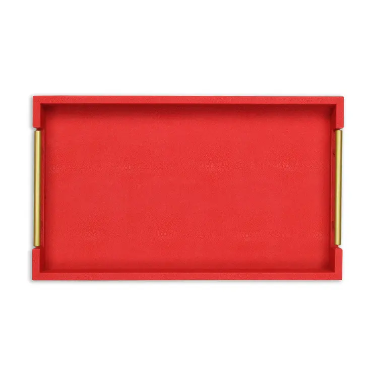 16" Red Wood and Vinyl Faux Shagreen Handmade Serving Tray With Handles
