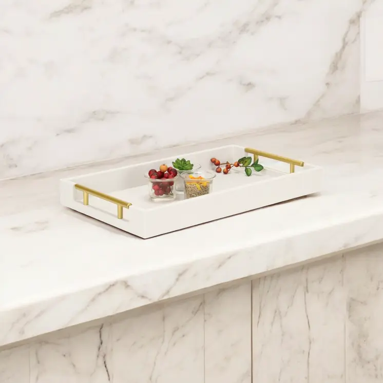 16" Wood Faux Shagreen Serving Tray With Handles