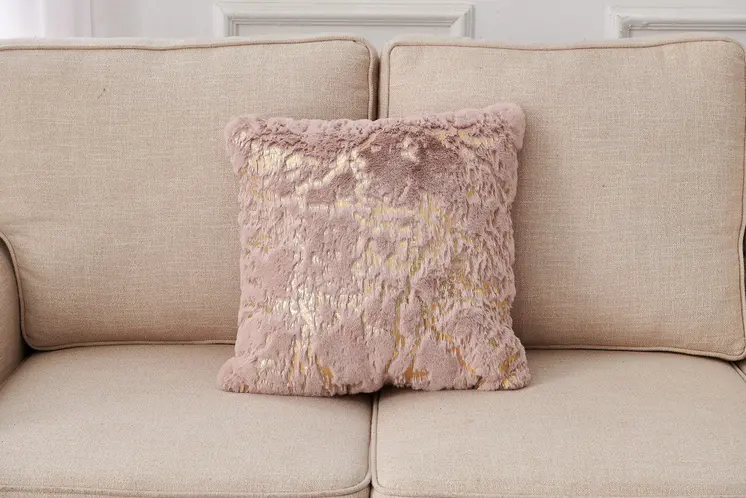 18" Pink And Gold Abstract Faux Fur Throw Pillow