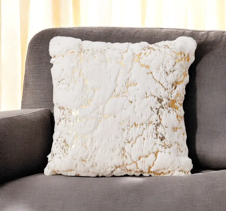 22" White And Gold Abstract Faux Fur Throw Pillow
