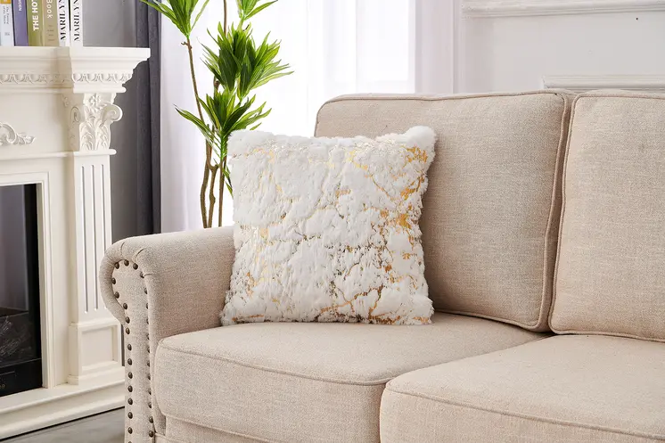 22" White And Gold Abstract Faux Fur Throw Pillow