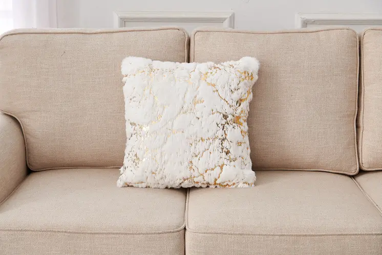22" White And Gold Abstract Faux Fur Throw Pillow