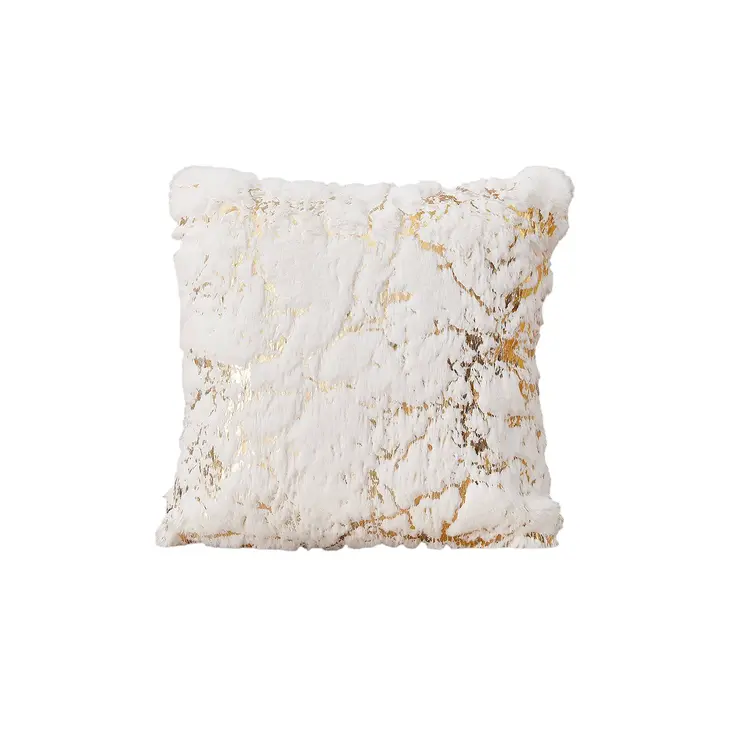 22" White And Gold Abstract Faux Fur Throw Pillow