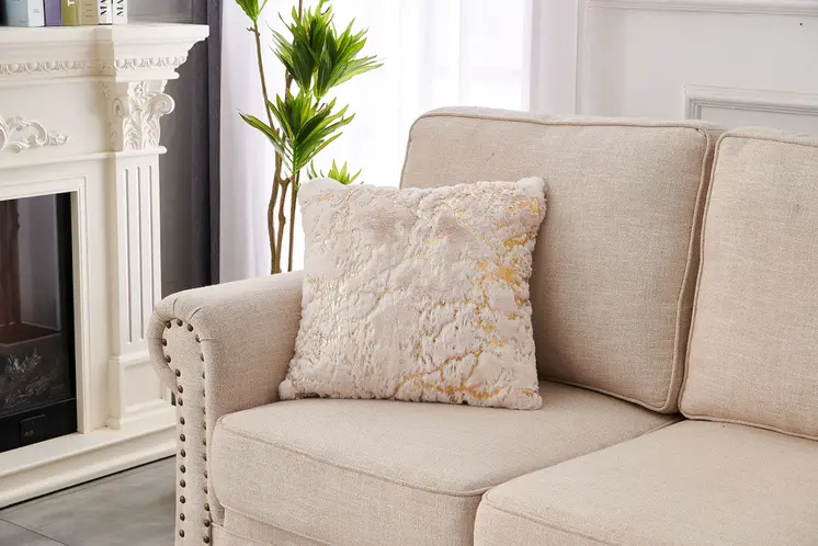 22" Ivory And Gold Abstract Faux Fur Throw Pillow