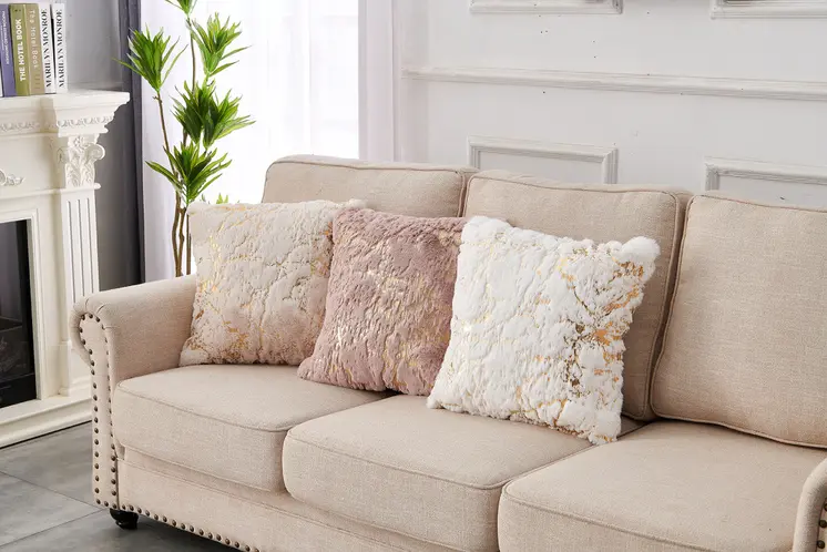 22" Ivory And Gold Abstract Faux Fur Throw Pillow
