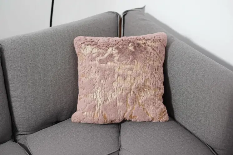 22" Pink And Gold Abstract Faux Fur Throw Pillow