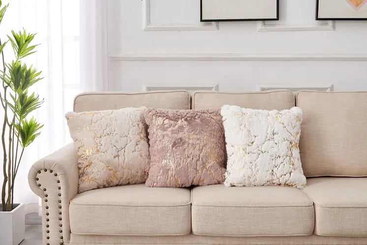 22" Pink And Gold Abstract Faux Fur Throw Pillow
