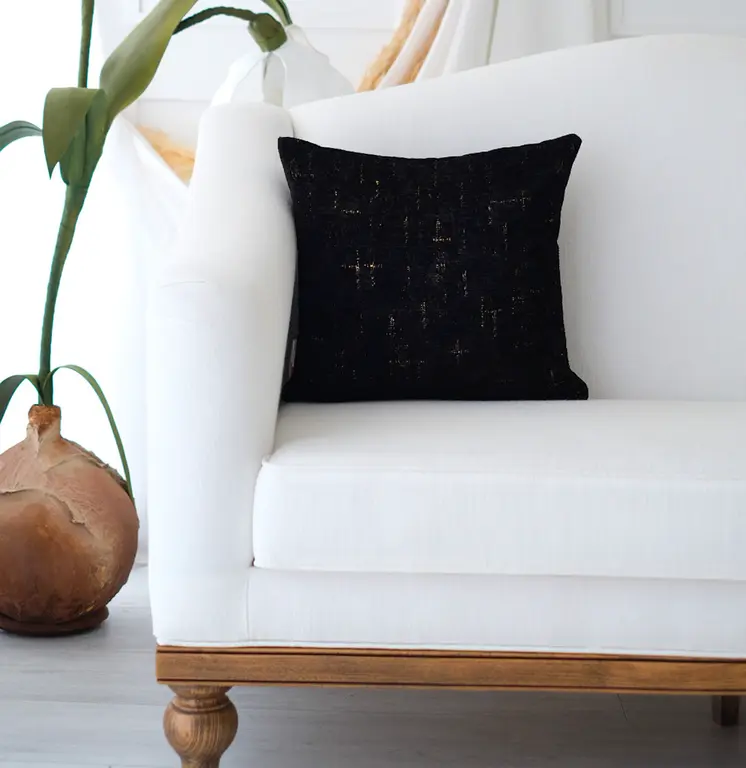 18" Black And Gold Abstract Chenille Throw Pillow