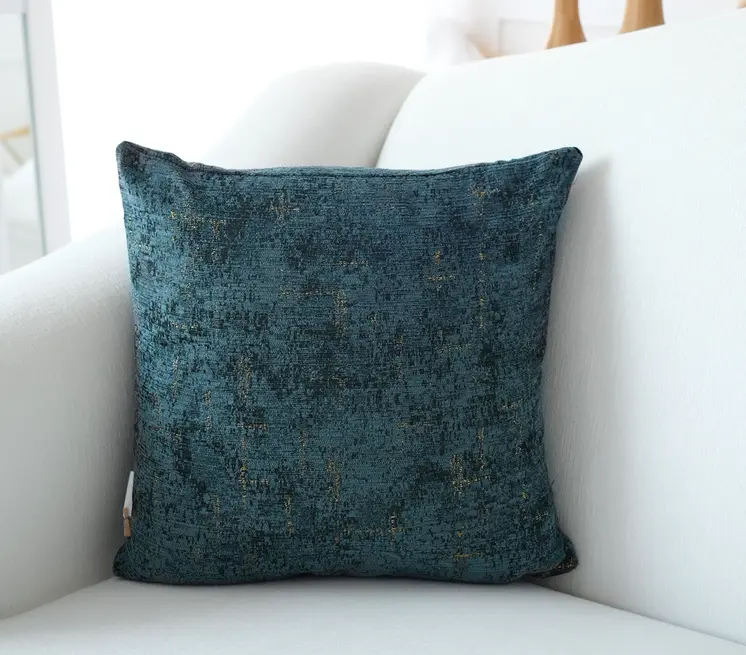 18" Teal Blue And Gold Abstract Chenille Throw Pillow