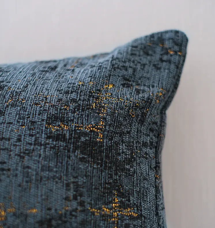 18" Teal Blue And Gold Abstract Chenille Throw Pillow