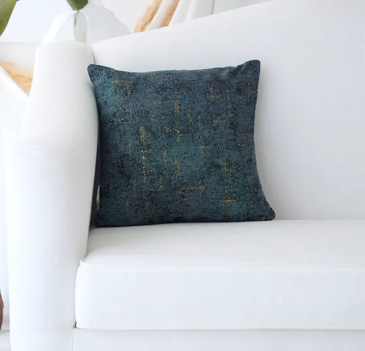 18" Teal Blue And Gold Abstract Chenille Throw Pillow