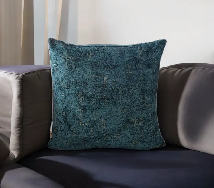 18" Teal Blue And Gold Abstract Chenille Throw Pillow