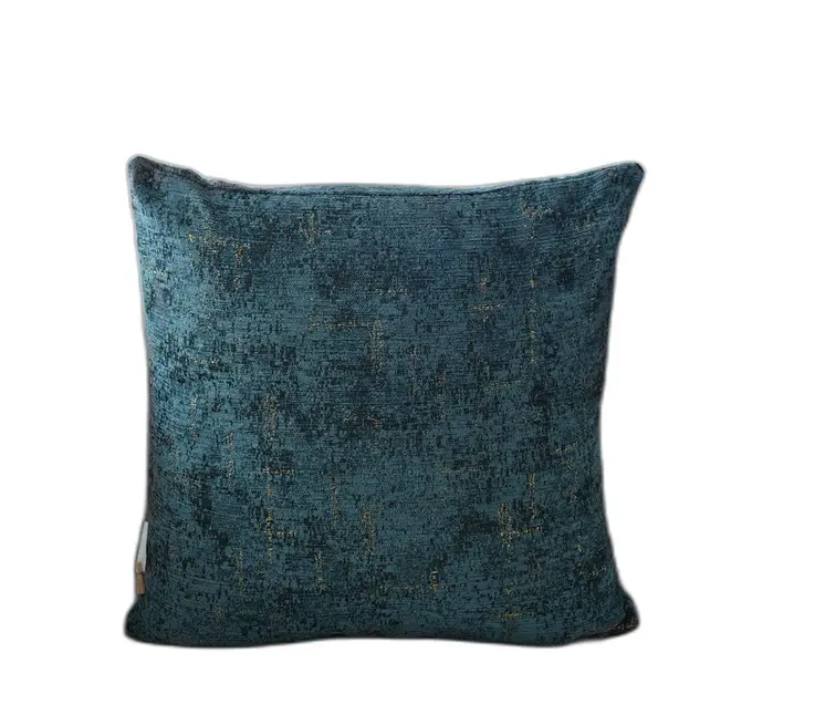 18" Teal Blue And Gold Abstract Chenille Throw Pillow