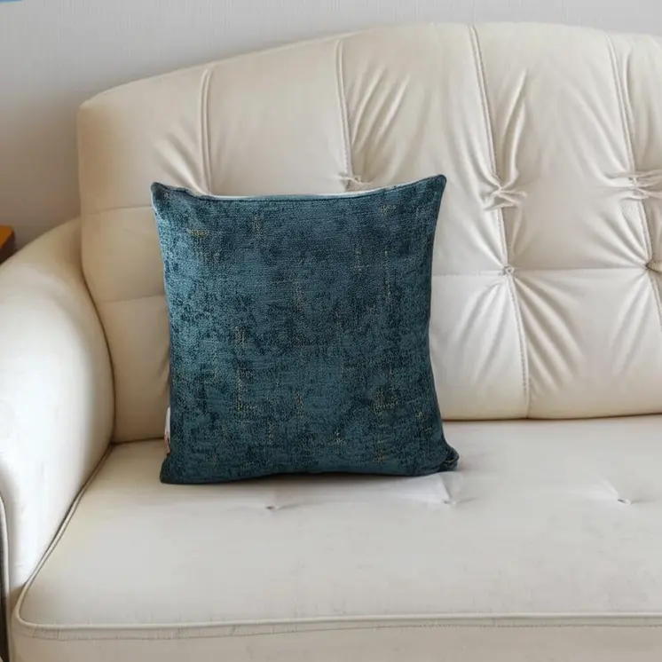 18" Teal Blue And Gold Abstract Chenille Throw Pillow