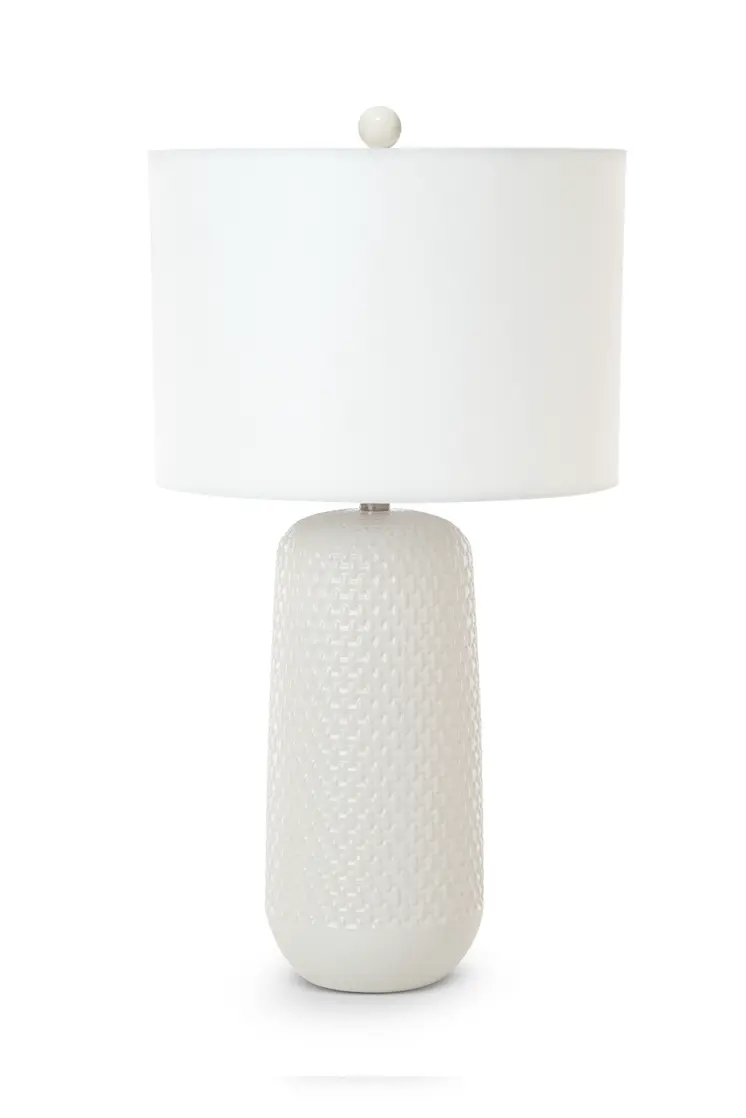 Set of Two 30" White Textured Ceramic Table Lamps With White Drum Shades