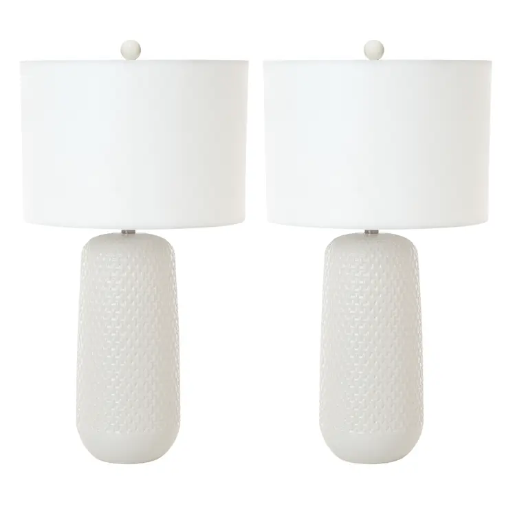 Set of Two 30" White Textured Ceramic Table Lamps With White Drum Shades