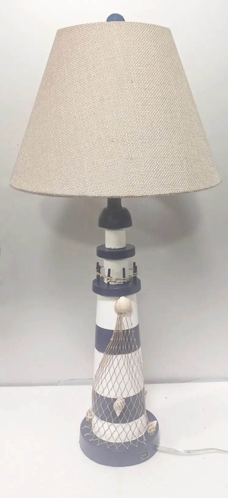 Set of Two 30" Blue And White Lighthouse USB Table Lamps With Cream Cone Shade