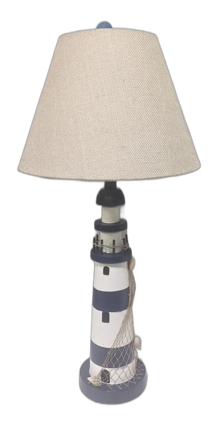 Set of Two 30" Blue And White Lighthouse USB Table Lamps With Cream Cone Shade