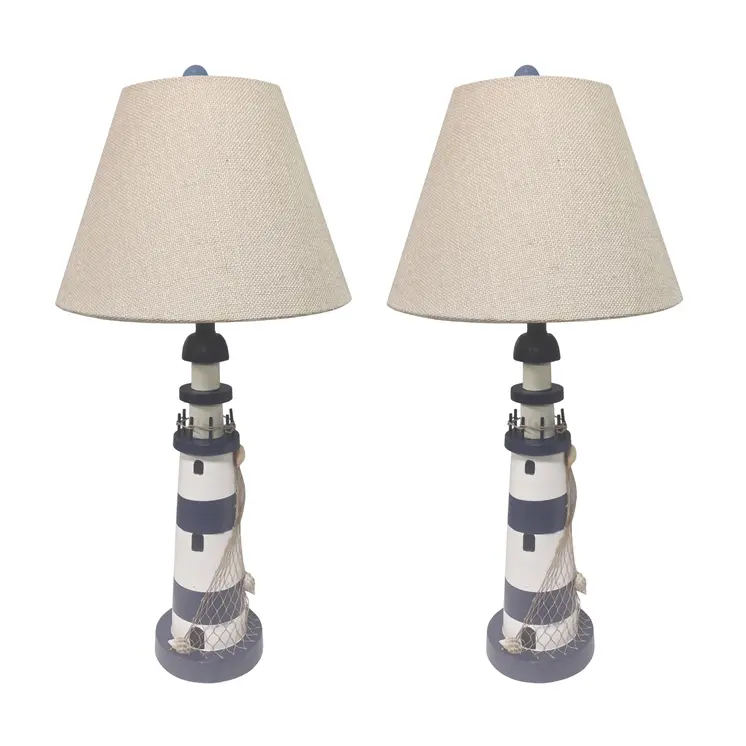 Set of Two 30" Blue And White Lighthouse USB Table Lamps With Cream Cone Shade