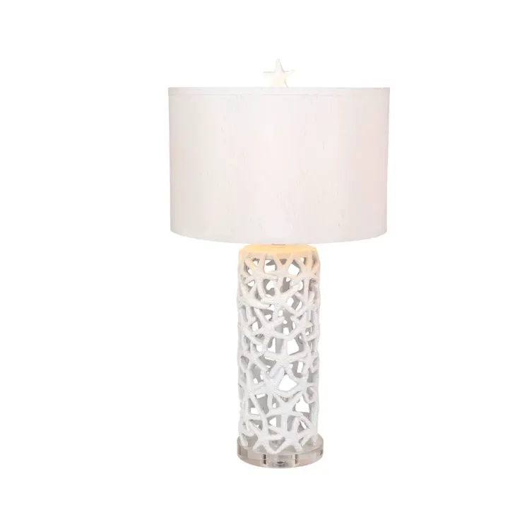 Set of Two 30" White Coastal Starfish Table Lamps With White Drum Shades