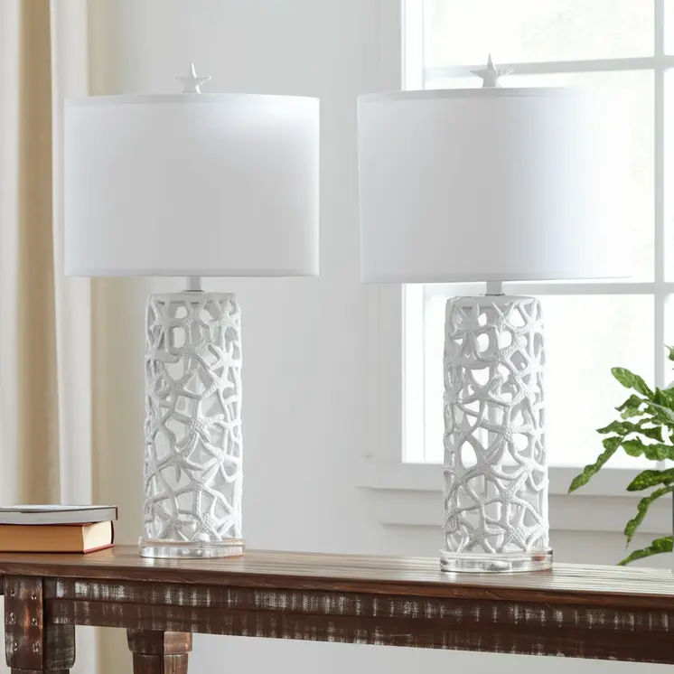 Set of Two 30" White Coastal Starfish Table Lamps With White Drum Shades