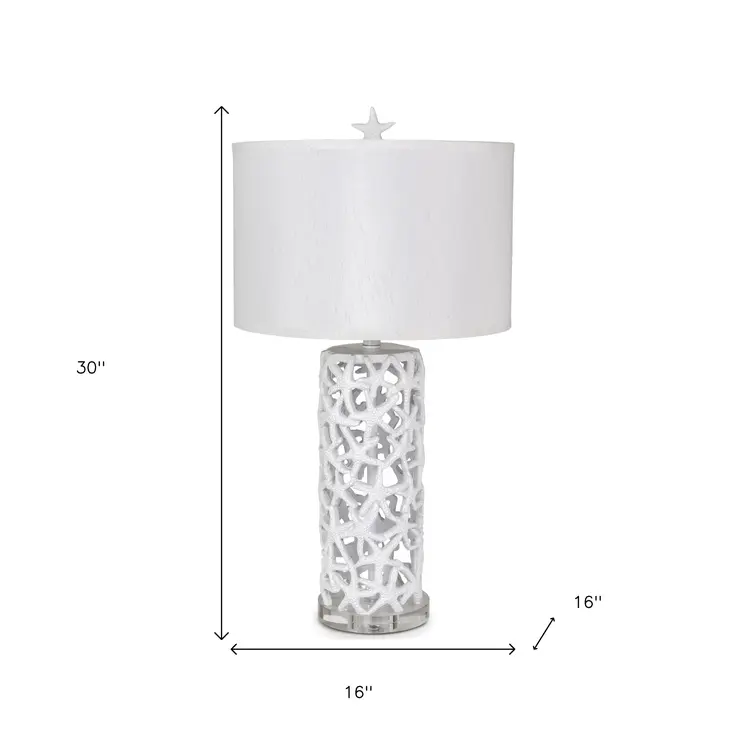 Set of Two 30" White Coastal Starfish Table Lamps With White Drum Shades