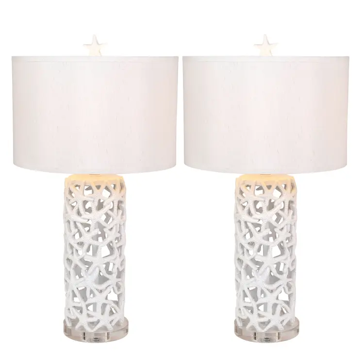 Set of Two 30" White Coastal Starfish Table Lamps With White Drum Shades