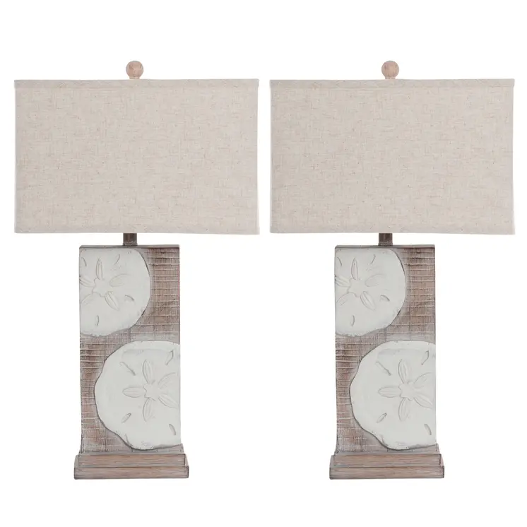 Set of Two 28" Brown And White Coastal Sand Dollar USB Table Lamp With Tan Shade
