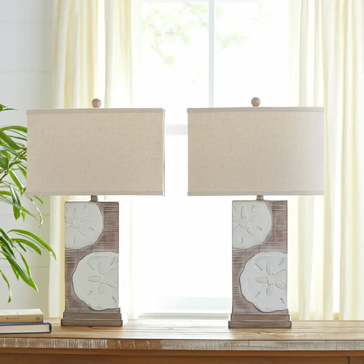 Set of Two 28" Brown And White Coastal Sand Dollar USB Table Lamp With Tan Shade