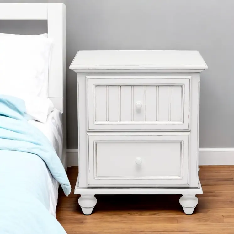 28" White Solid Wood Distressed Two Drawer Nightstand With USB Port