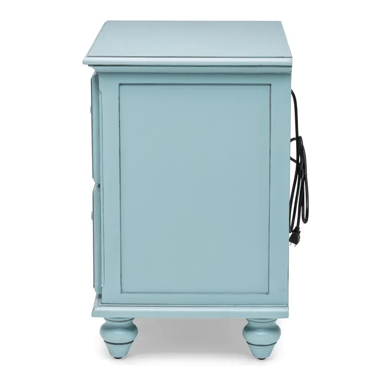 28" Blue Solid Wood Distressed Two Drawer Nightstand With USB Port