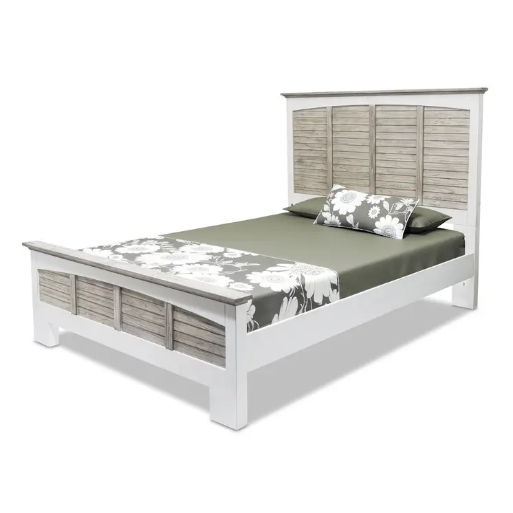 Gray Carved Geometric Distressed Solid Wood Queen Bed Frame