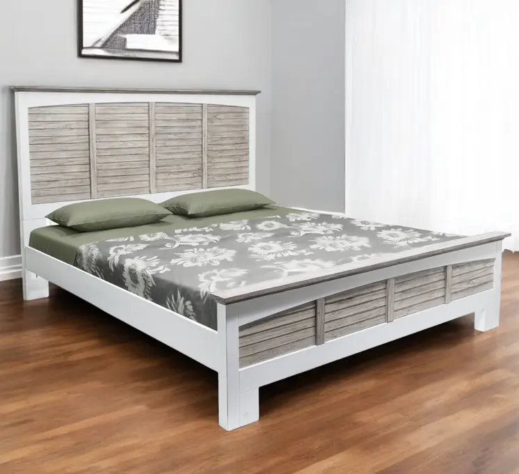 Gray Carved Geometric Distressed Solid Wood King Bed Frame